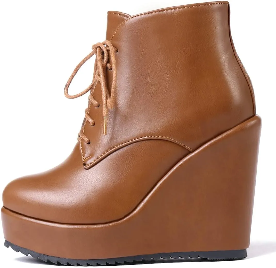 Trendenzy Womens Wedge Platform Booties Lace Up High Heel Ankle Boots