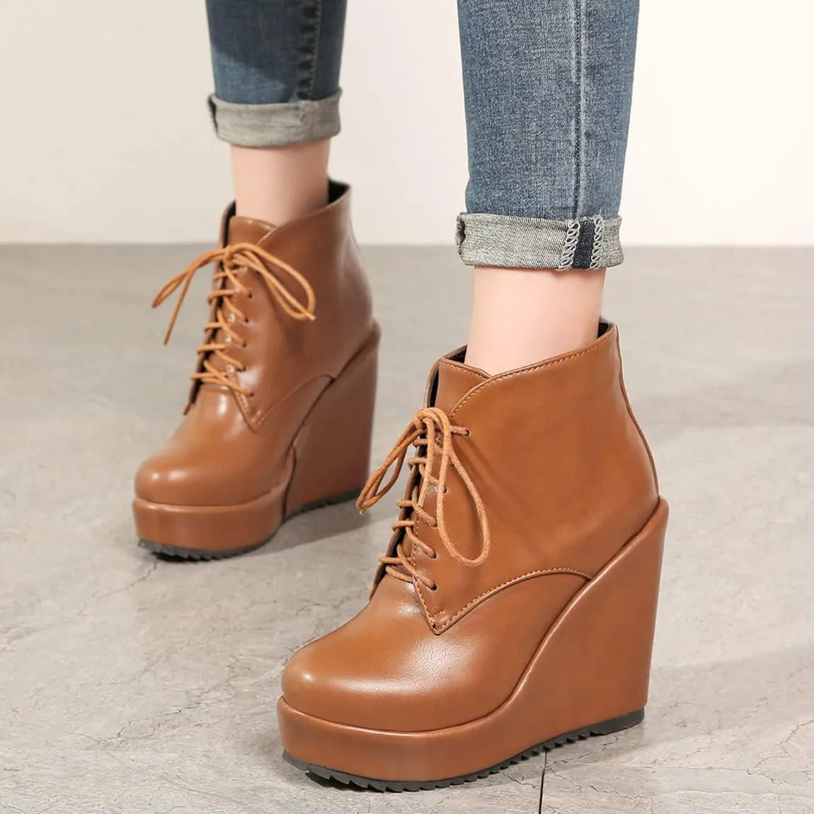 Trendenzy Womens Wedge Platform Booties Lace Up High Heel Ankle Boots