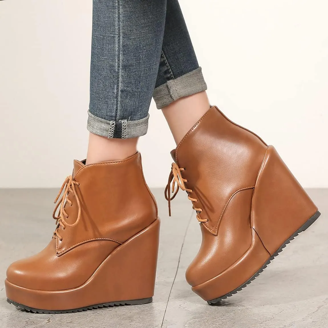 Trendenzy Womens Wedge Platform Booties Lace Up High Heel Ankle Boots
