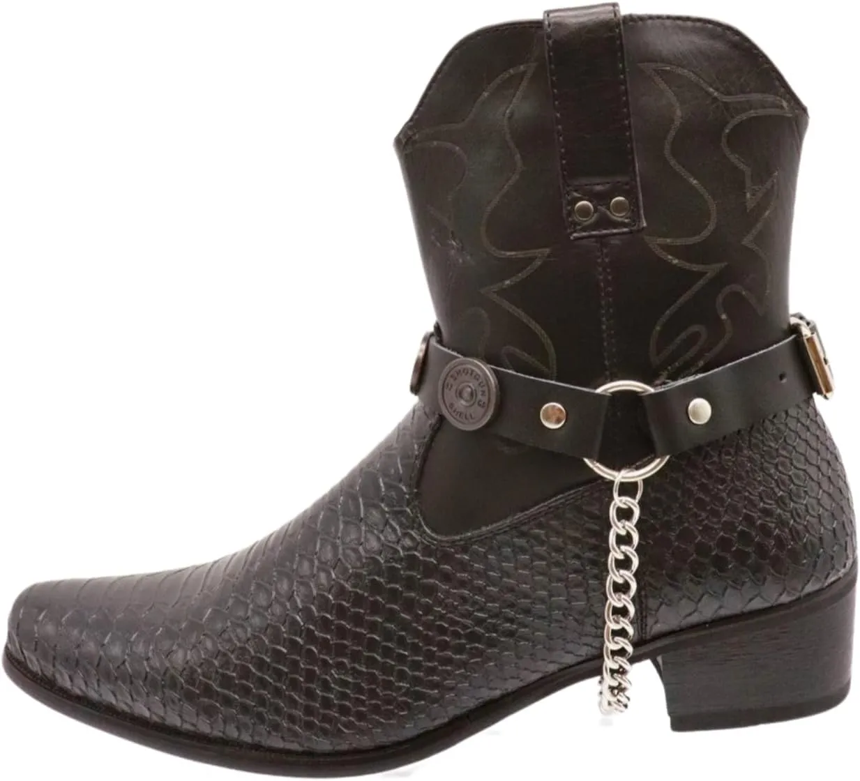 TrendyFashionJewelry Men Biker Boot Bracelets Black Pair Straps Silver Metal Chains Shoe Shotgun Shell Charm Trucker Rock