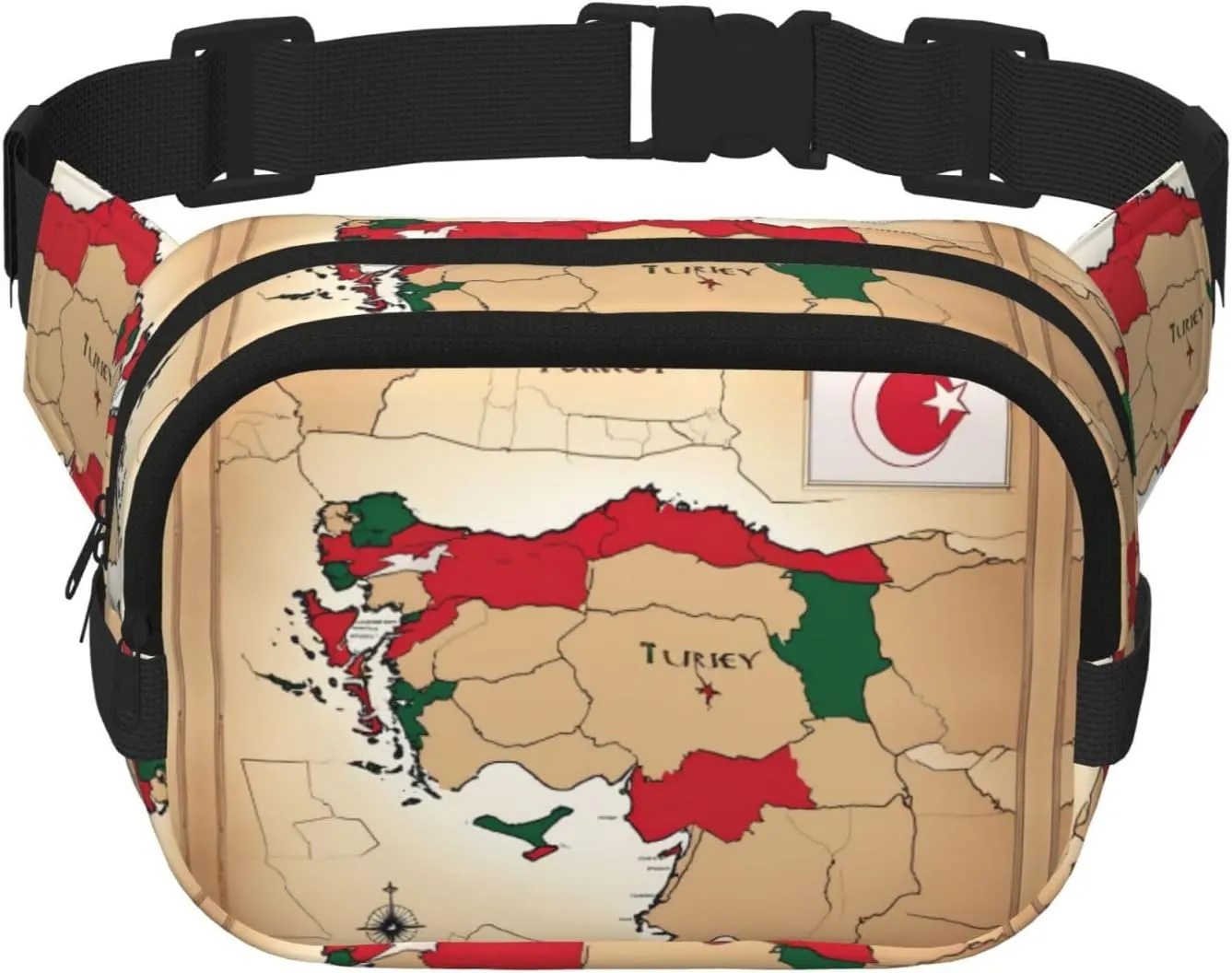 Turkey topographic Map with flag print Cute Large Black Fanny Packs for Women Cross Body Waist Bag Nylon Fashionable Fanny Pack