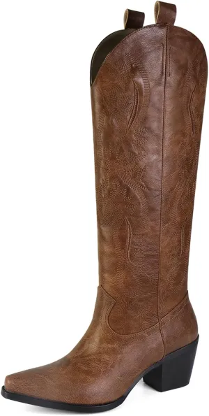 UBWDU Suede Cowboy Knee High Boots Women Pointed Toe Chunky Heel Embroidered Western Cowgirl Boots