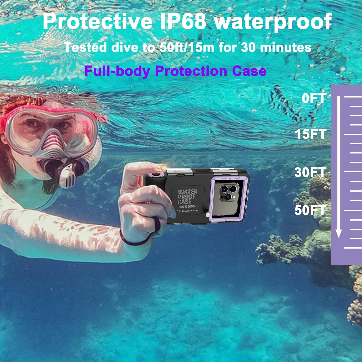 Underwater Diving Phone Case for Snorkeling,Professional 50FT/15M Waterproof for iPhone 16/15/14/13/Pro Max Samsung Galaxy S25/24/23/22/Ultra/Plus Universal Photo&Video Scuba Dive Housing Purple Black
