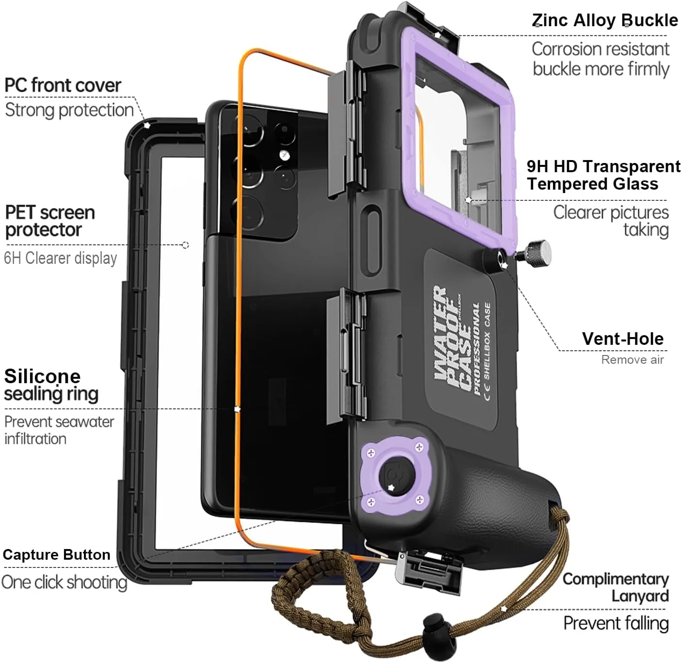 Underwater Diving Phone Case for Snorkeling,Professional 50FT/15M Waterproof for iPhone 16/15/14/13/Pro Max Samsung Galaxy S25/24/23/22/Ultra/Plus Universal Photo&Video Scuba Dive Housing Purple Black
