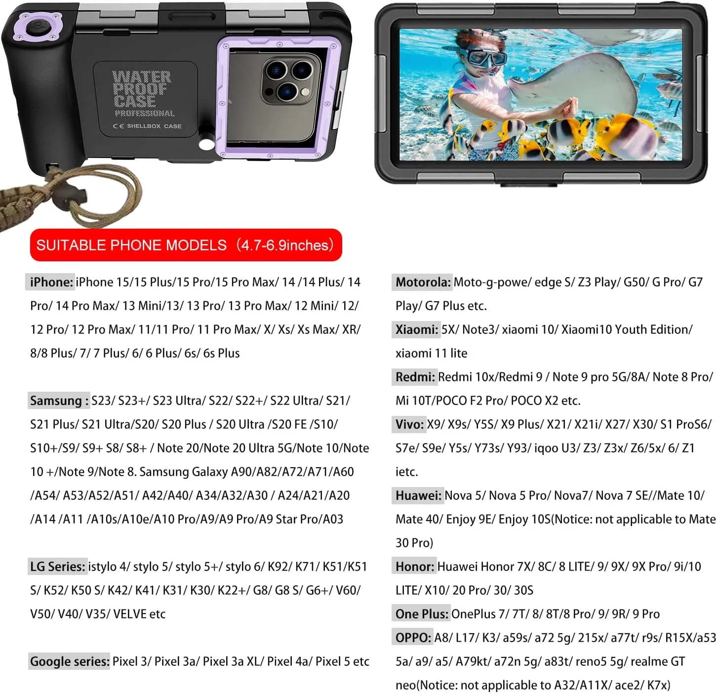 Underwater Diving Phone Case for Snorkeling,Professional 50FT/15M Waterproof for iPhone 16/15/14/13/Pro Max Samsung Galaxy S25/24/23/22/Ultra/Plus Universal Photo&Video Scuba Dive Housing Purple Black