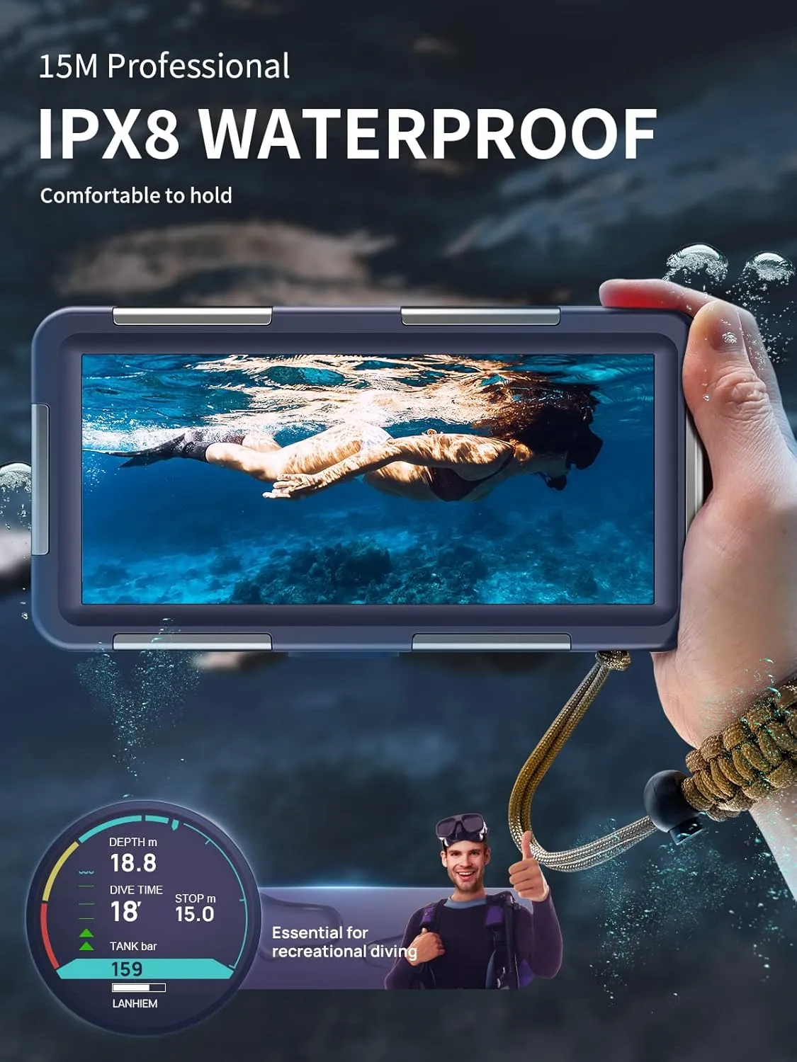 Underwater Diving Snorkeling Phone Case, IP68 Professional 50ft 15m Waterproof Outdoor Cellphone Case Photo Video Cover with Lanyard for iPhone 16 Galaxy Huawei Moto All Series, Blue
