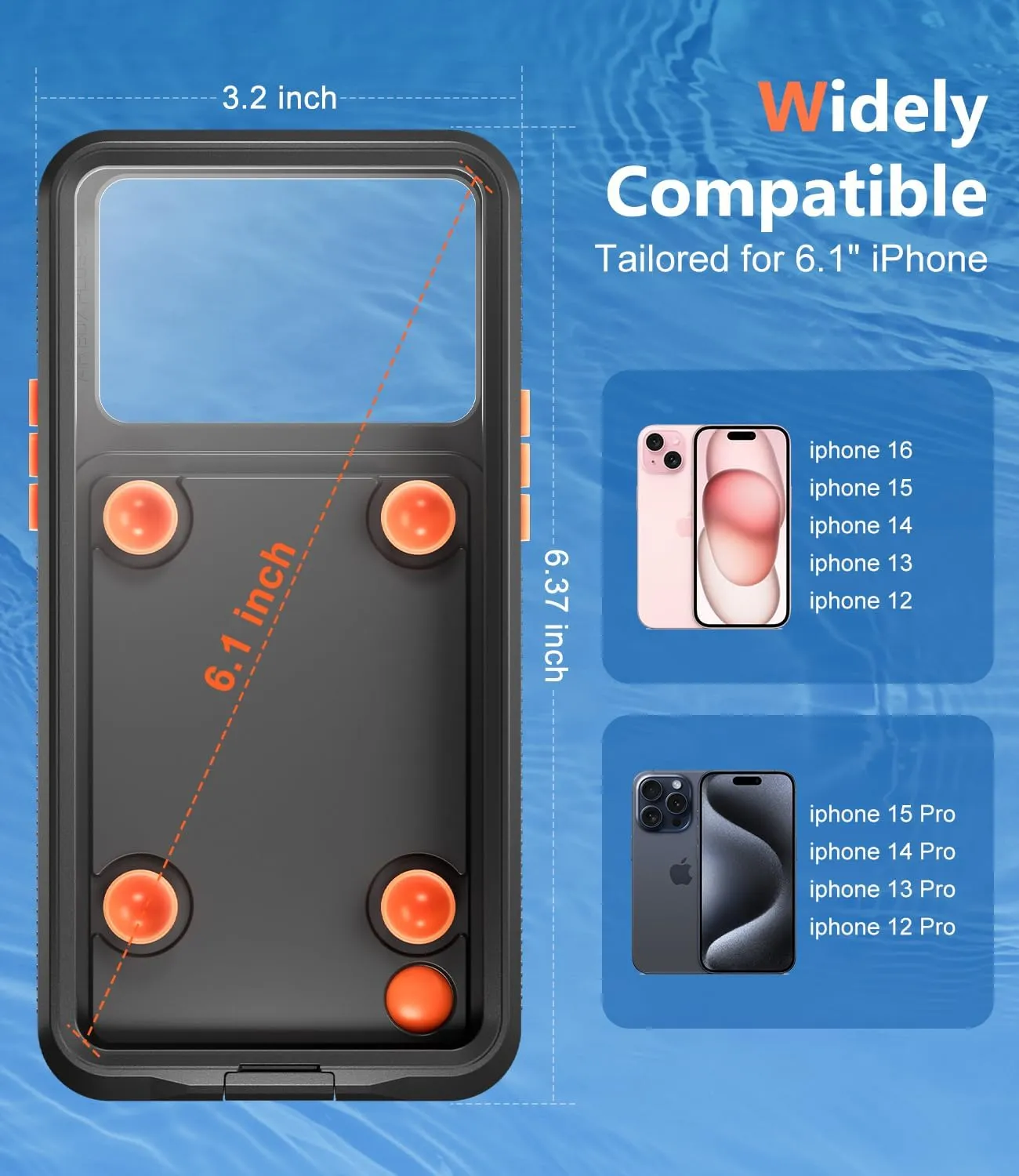Underwater Phone Case for Snorkeling, [IP68 Waterproof] [Sensitive Inflated Touchscreen] [Precise Buttons], Only for 6.1" iPhone 16, 15/15 Pro, 14/14 Pro, 13/13 Pro, 12/12 Pro - Black