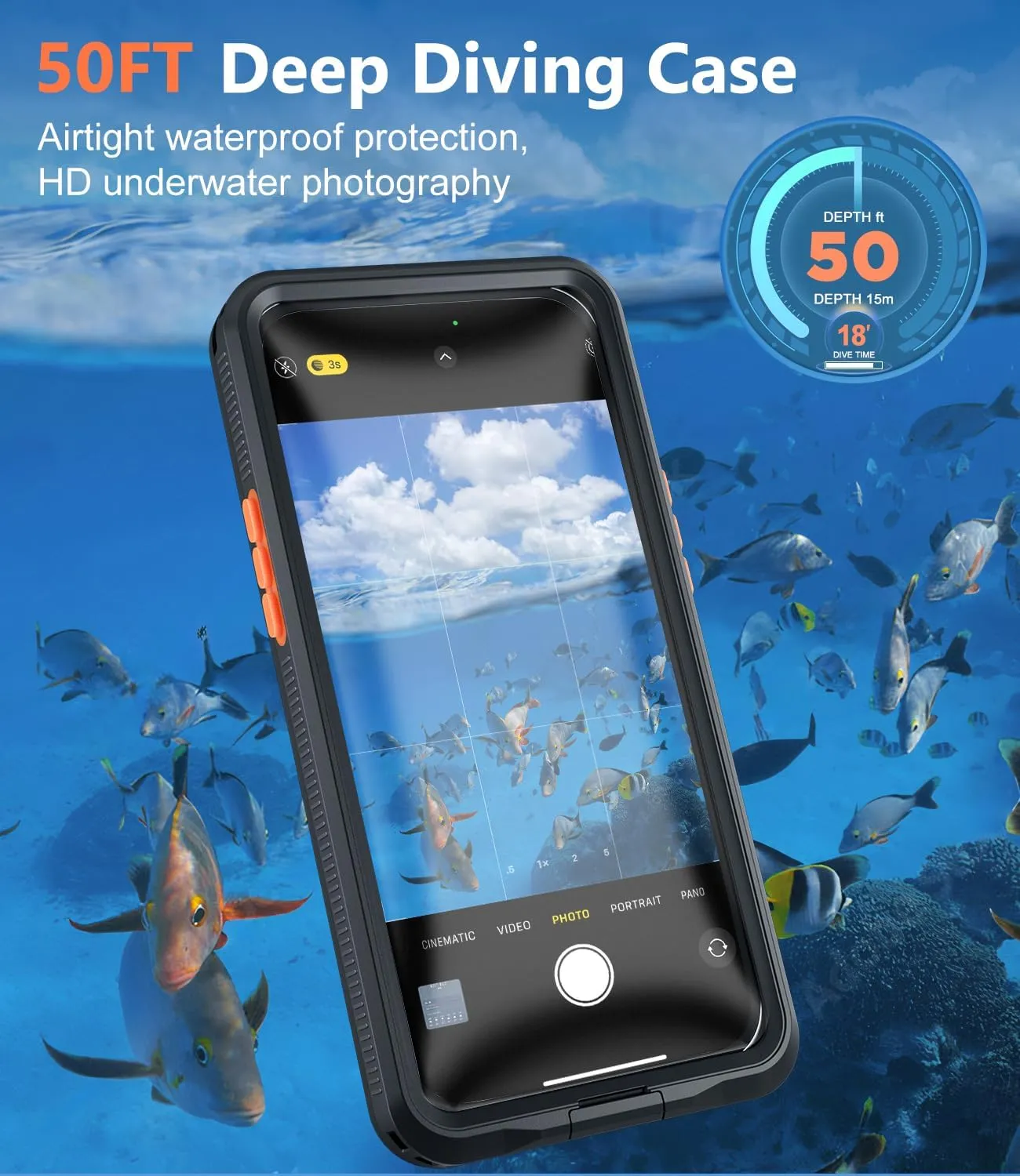 Underwater Phone Case for Snorkeling, [IP68 Waterproof] [Sensitive Inflated Touchscreen] [Precise Buttons], Only for 6.1" iPhone 16, 15/15 Pro, 14/14 Pro, 13/13 Pro, 12/12 Pro - Black