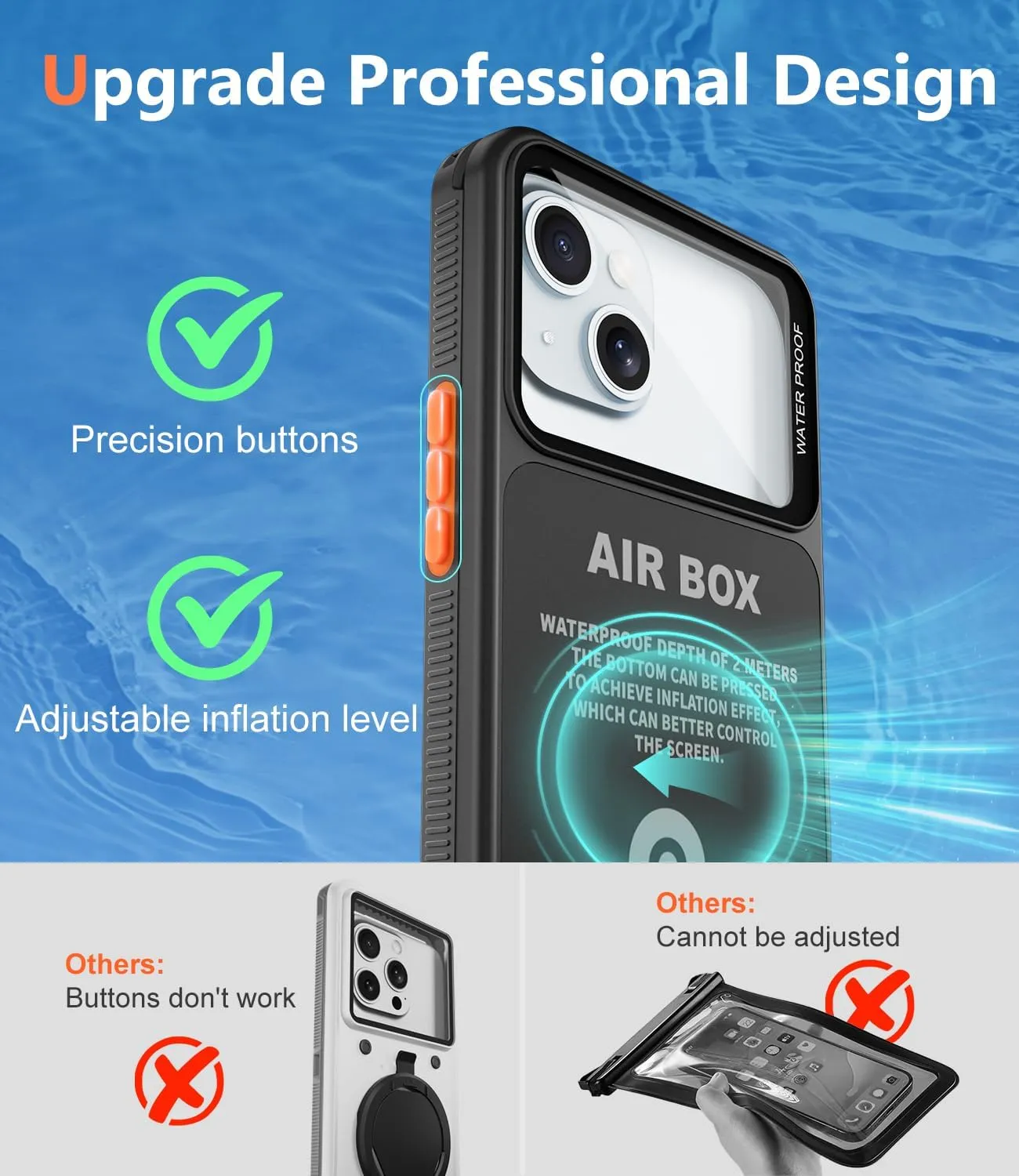 Underwater Phone Case for Snorkeling, [IP68 Waterproof] [Sensitive Inflated Touchscreen] [Precise Buttons], Only for 6.1" iPhone 16, 15/15 Pro, 14/14 Pro, 13/13 Pro, 12/12 Pro - Black
