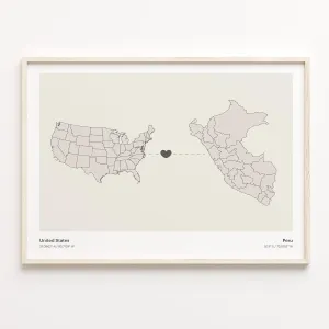 United States to Peru Print, Peruvian Gift, Minimalistic Country Connection Map Poster, USA Wall Art, New Home Map