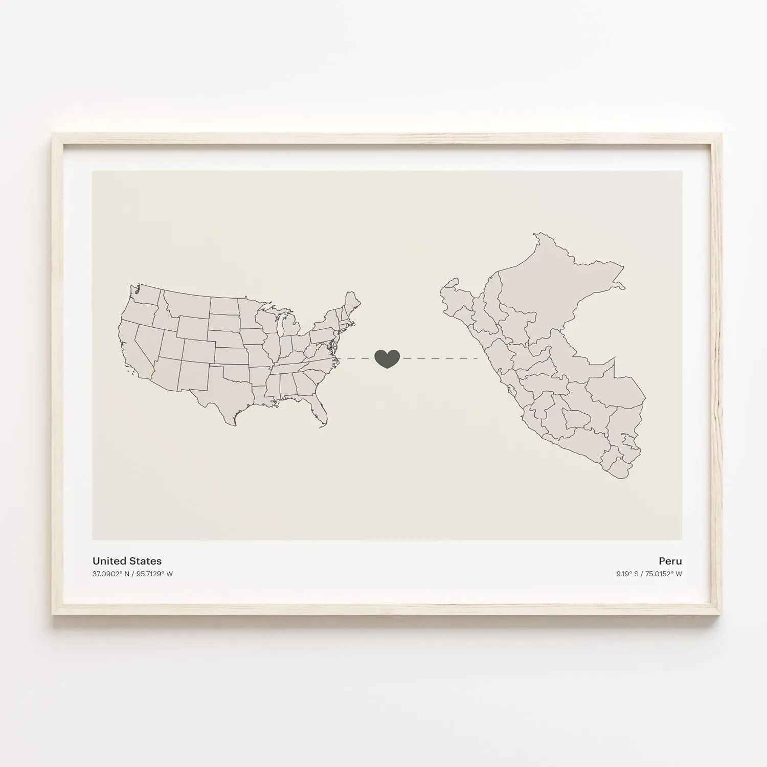 United States to Peru Print, Peruvian Gift, Minimalistic Country Connection Map Poster, USA Wall Art, New Home Map