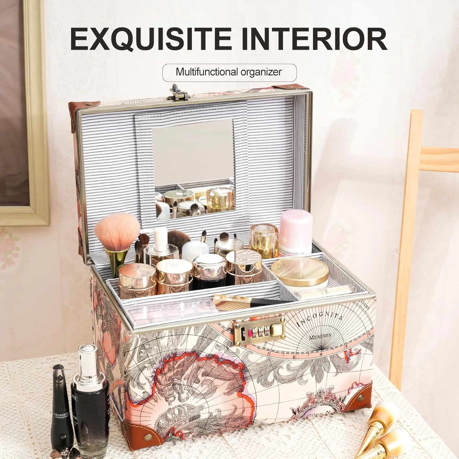 urecity Portable Retro Leather Makeup Train Case Cosmetic Organizer Case Leather Storage Box with Combination Lock (12.5", Victorian Map Print)