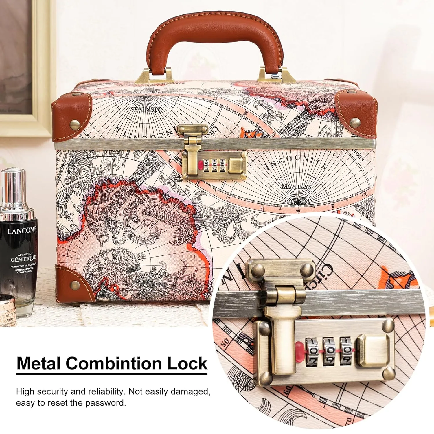 urecity Portable Retro Leather Makeup Train Case Cosmetic Organizer Case Leather Storage Box with Combination Lock (12.5", Victorian Map Print)