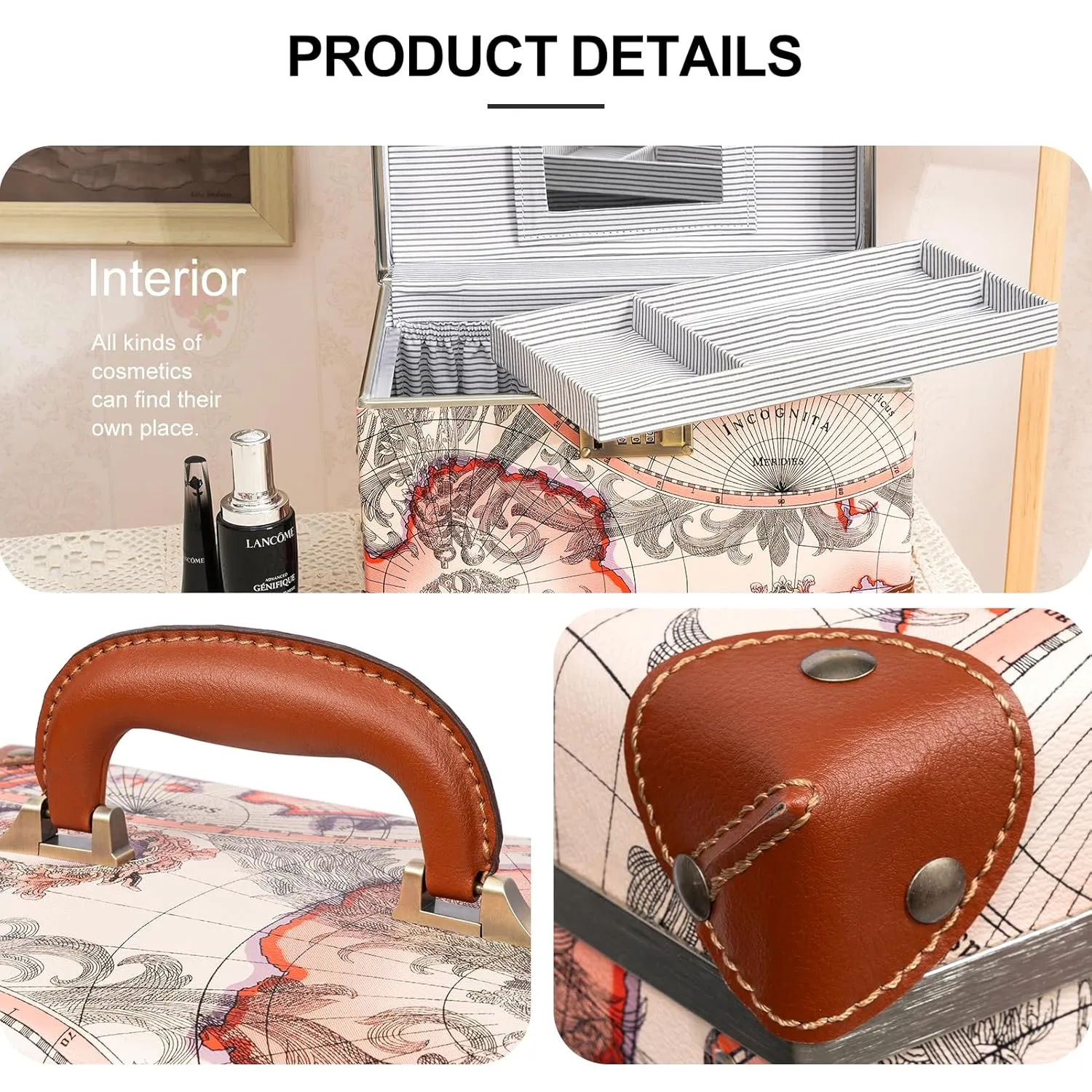 urecity Portable Retro Leather Makeup Train Case Cosmetic Organizer Case Leather Storage Box with Combination Lock (12.5", Victorian Map Print)