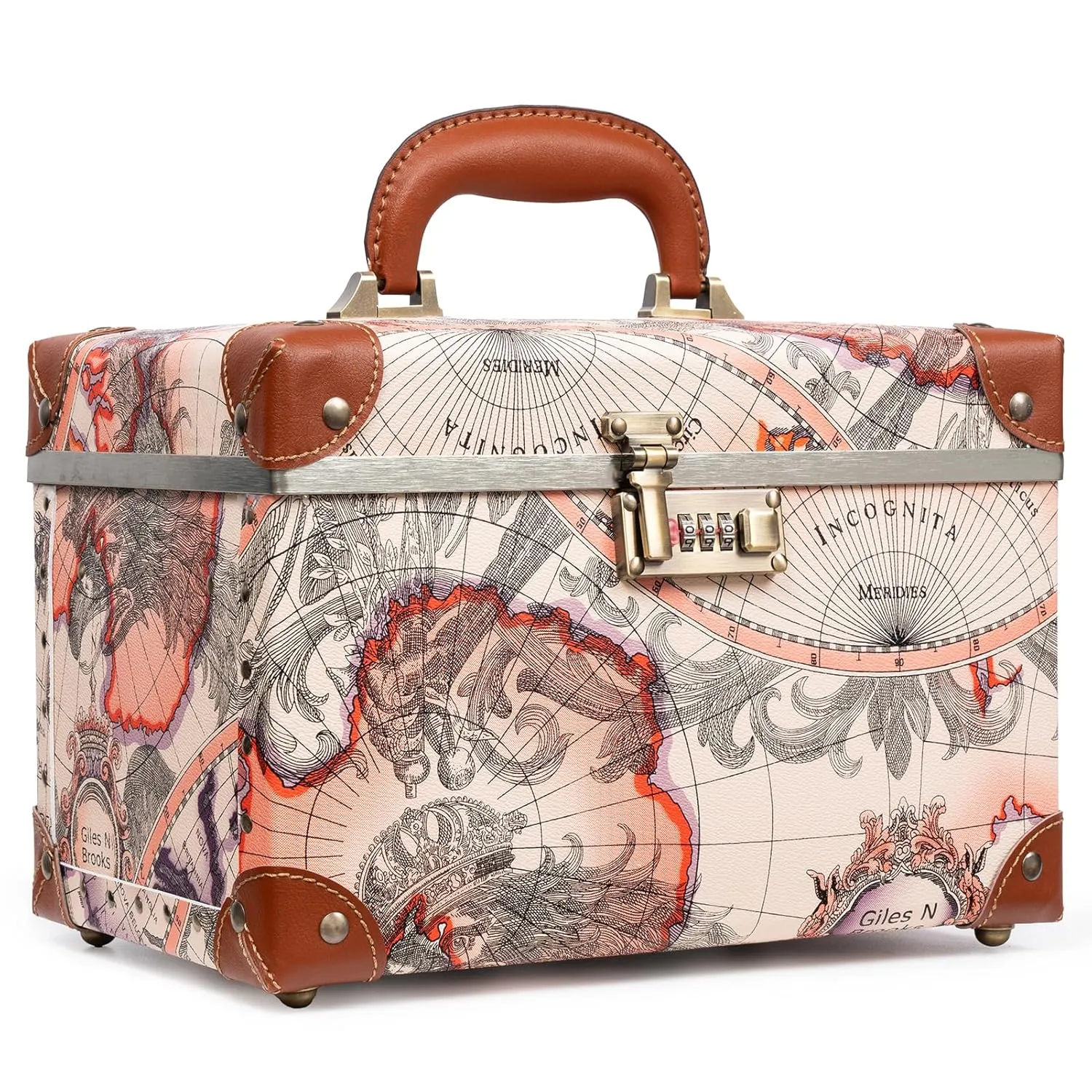 urecity Portable Retro Leather Makeup Train Case Cosmetic Organizer Case Leather Storage Box with Combination Lock (12.5", Victorian Map Print)