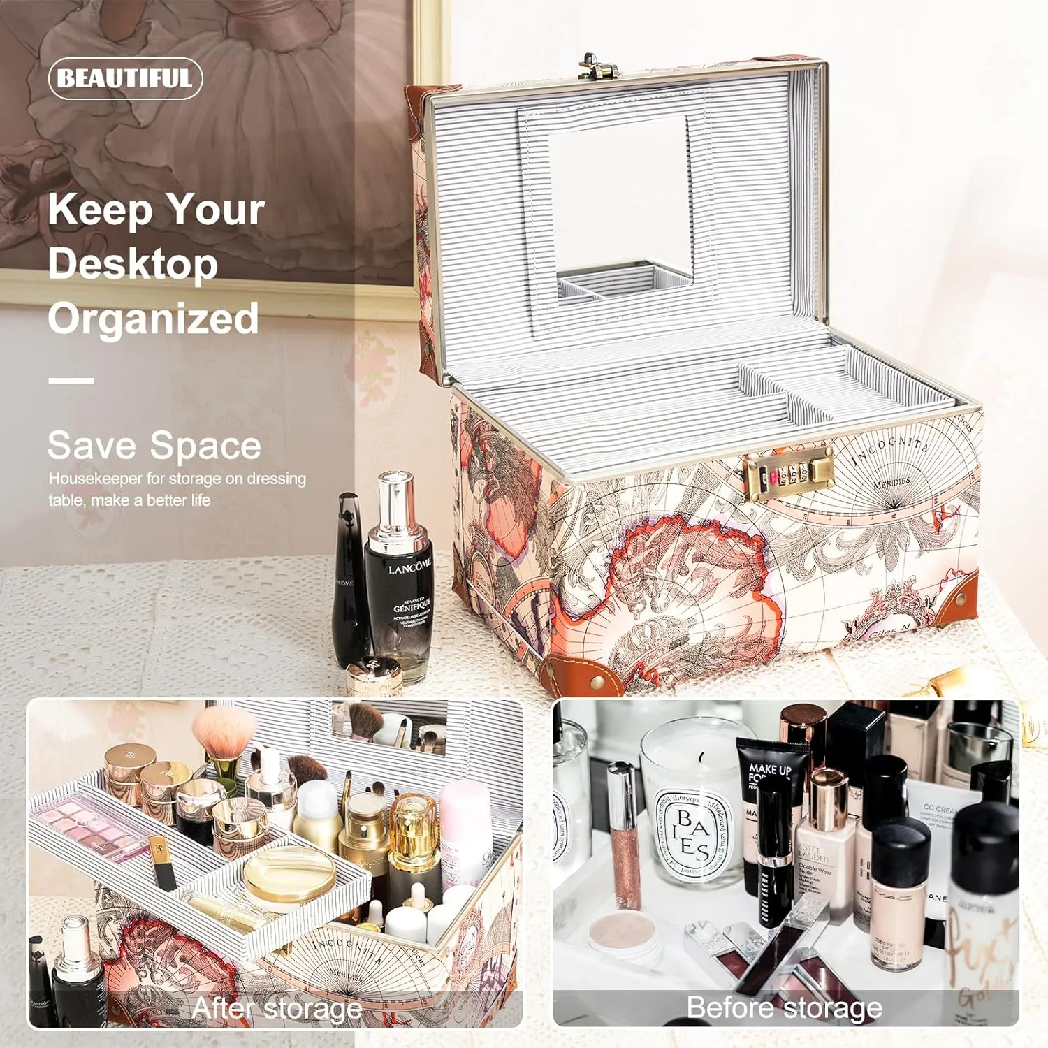 urecity Portable Retro Leather Makeup Train Case Cosmetic Organizer Case Leather Storage Box with Combination Lock (12.5", Victorian Map Print)