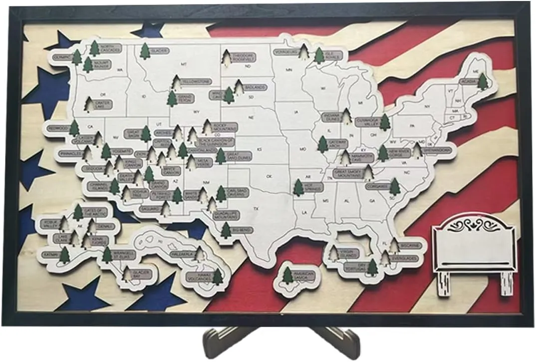 US National Park Wood Map Tracker with US Flag Background - National Parks Check off Map - National Park Checklist Travel Map