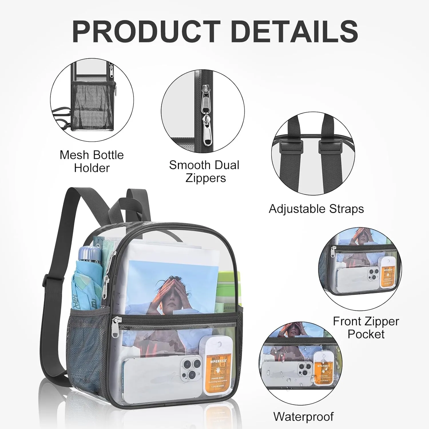 USPECLARE Clear Backpack Stadium Approved 12X11x6, Waterproof Clear Bag Stadium Backpack for Concert Work Sport Event
