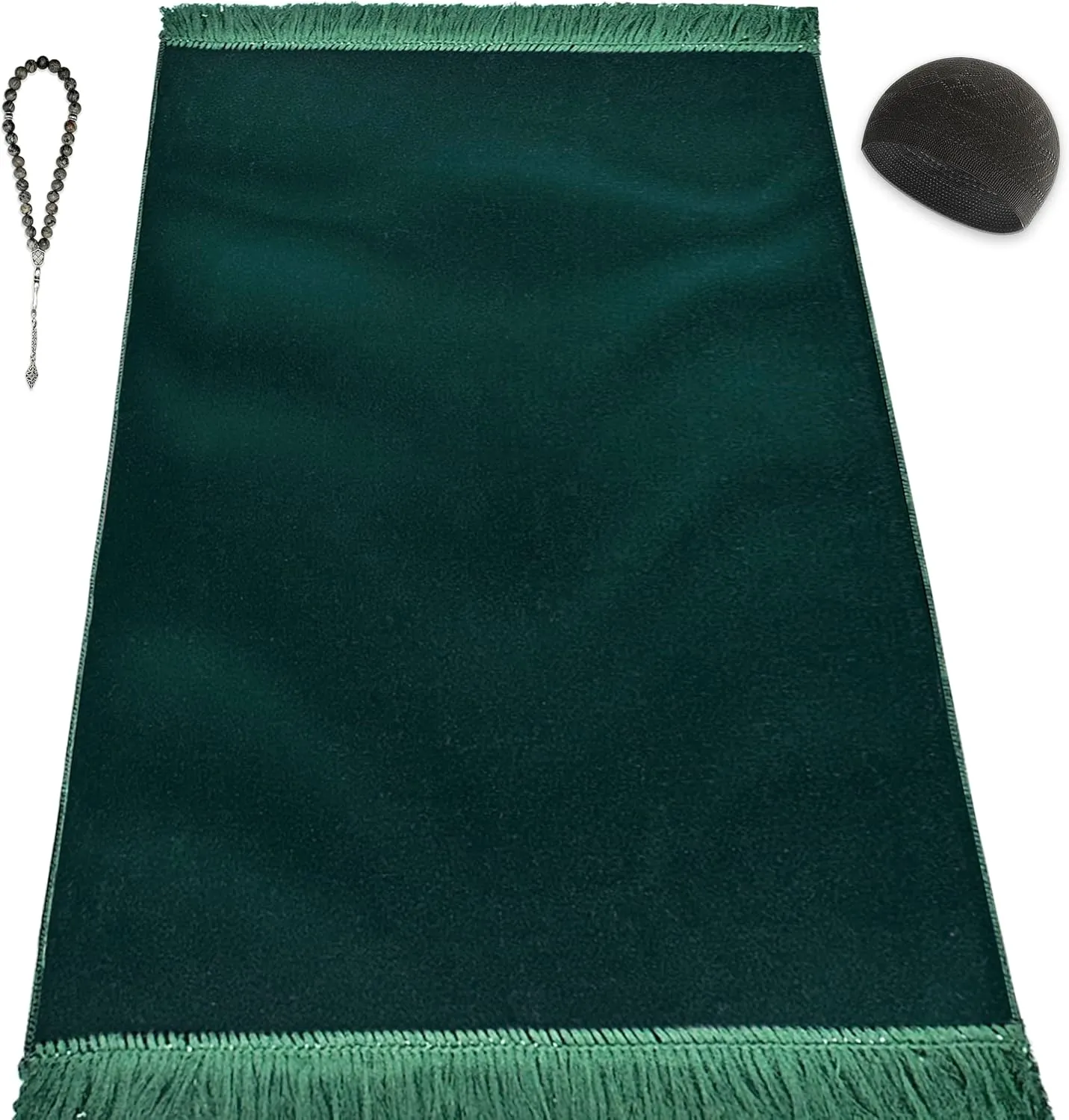 Velvet Prayer Mat Set (Gemstone 33 Prayer Beads - Black Kufi Hat - Elegant Case) - Luxurious Velvet Texture Plain Prayer Rug for Home and Travel - Exquisite Islamic Gifts for Women and Men