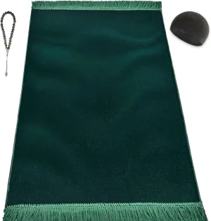 Velvet Prayer Mat Set (Gemstone 33 Prayer Beads - Black Kufi Hat - Elegant Case) - Luxurious Velvet Texture Plain Prayer Rug for Home and Travel - Exquisite Islamic Gifts for Women and Men