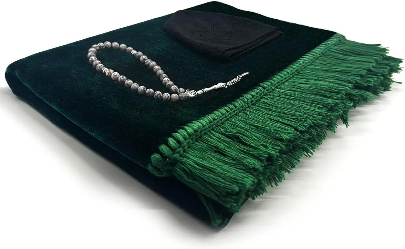 Velvet Prayer Mat Set (Gemstone 33 Prayer Beads - Black Kufi Hat - Elegant Case) - Luxurious Velvet Texture Plain Prayer Rug for Home and Travel - Exquisite Islamic Gifts for Women and Men