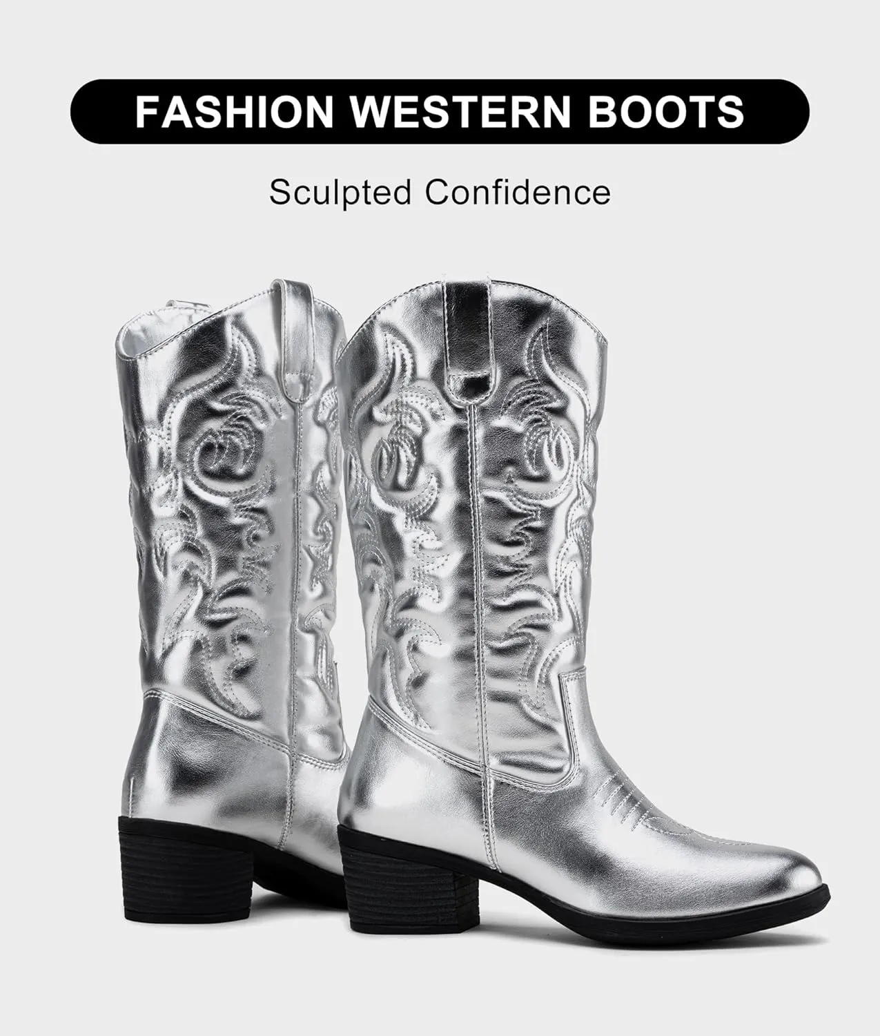 Vepose Women's Cowboy Boots Western Cowgirl Round Toe Mid Calf Boots for Women