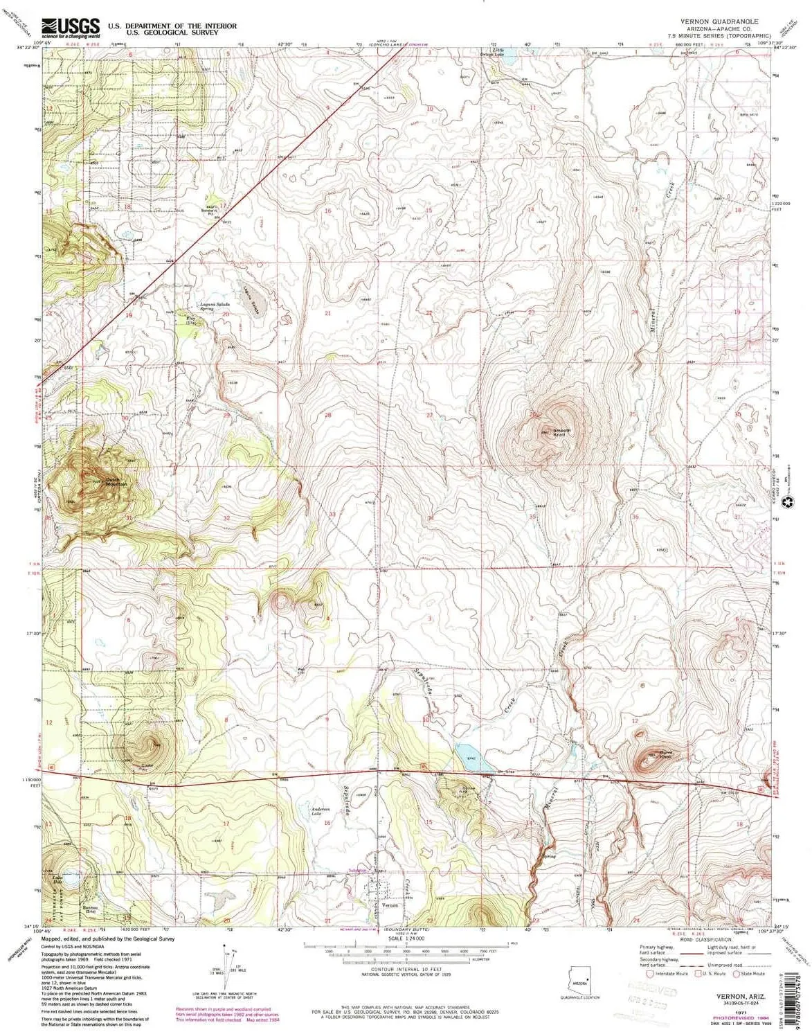 Vernon AZ topo map, 1:24000 Scale, 7.5 X 7.5 Minute, Historical, 1971, Updated 1985, 26.9 x 22 in