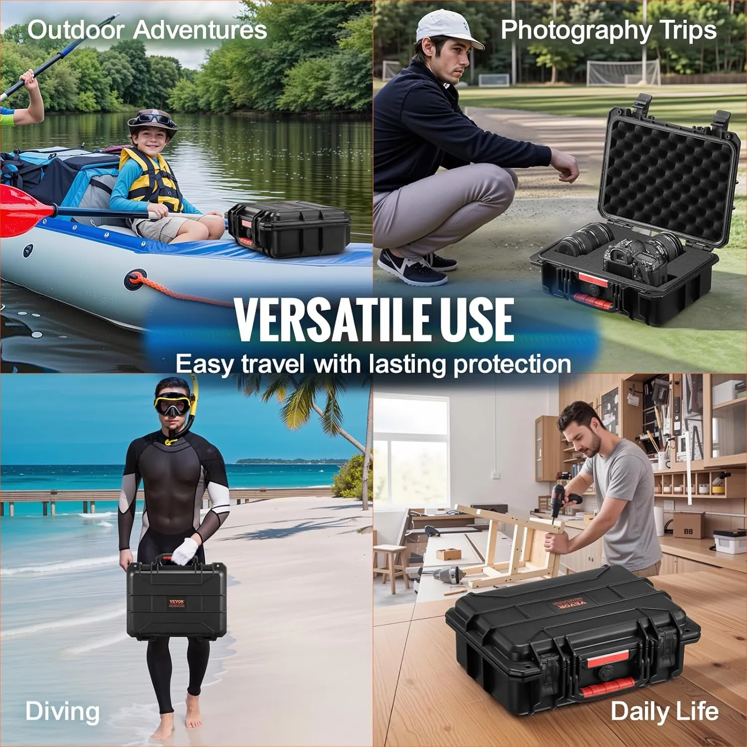 VEVOR Weatherproof Hard Case, Heavy Duty Protective Dry Box Case with Pre-Cut Foam, and Retractable Pull Handles for Travel, Hunting, Military, Tactical, IP67 Waterproof Case for Cameras (40x32x16.6)