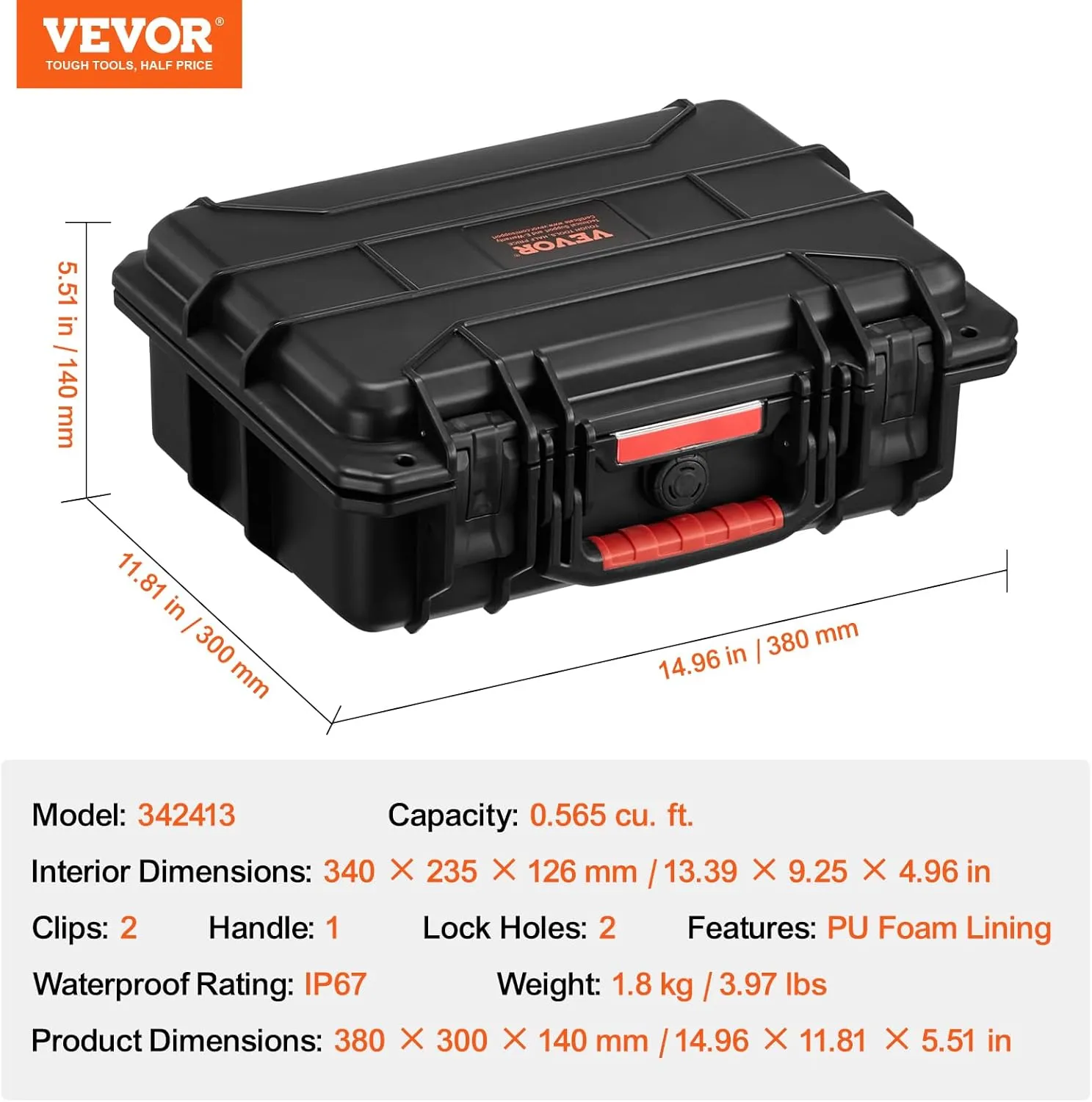 VEVOR Weatherproof Hard Case, Heavy Duty Protective Dry Box Case with Pre-Cut Foam, and Retractable Pull Handles for Travel, Hunting, Military, Tactical, IP67 Waterproof Case for Cameras (40x32x16.6)