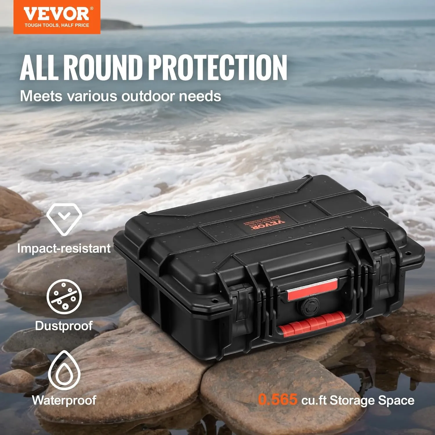 VEVOR Weatherproof Hard Case, Heavy Duty Protective Dry Box Case with Pre-Cut Foam, and Retractable Pull Handles for Travel, Hunting, Military, Tactical, IP67 Waterproof Case for Cameras (40x32x16.6)