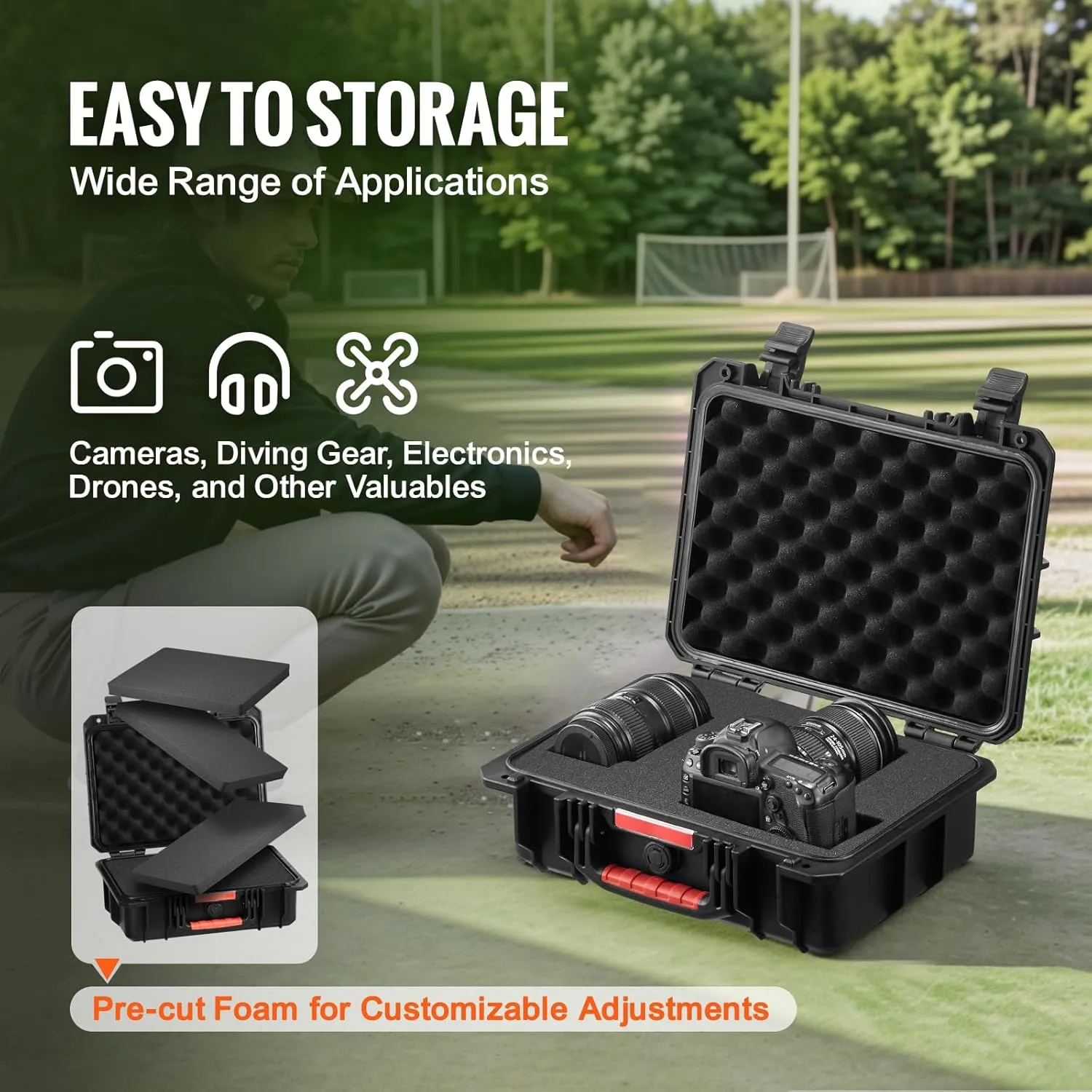 VEVOR Weatherproof Hard Case, Heavy Duty Protective Dry Box Case with Pre-Cut Foam, and Retractable Pull Handles for Travel, Hunting, Military, Tactical, IP67 Waterproof Case for Cameras (40x32x16.6)