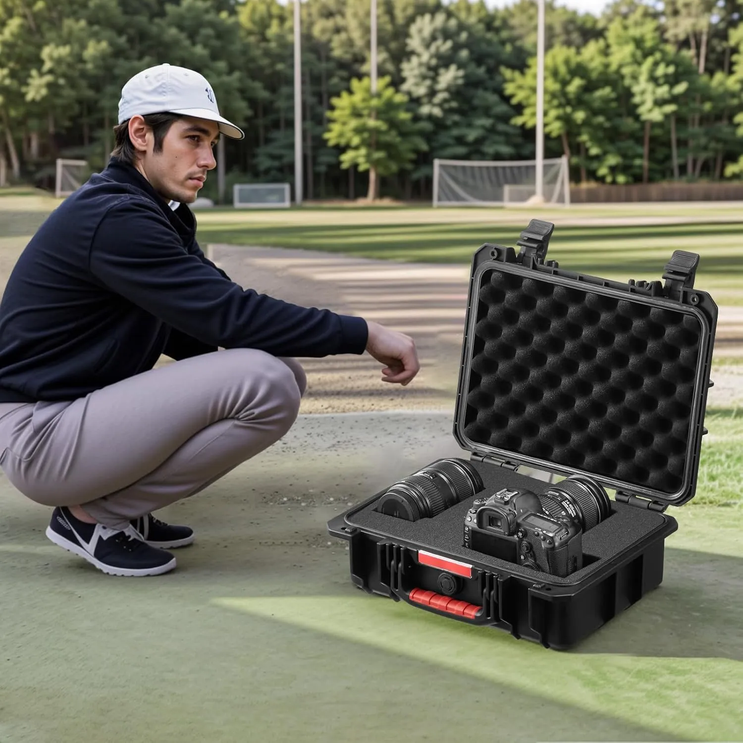 VEVOR Weatherproof Hard Case, Heavy Duty Protective Dry Box Case with Pre-Cut Foam, and Retractable Pull Handles for Travel, Hunting, Military, Tactical, IP67 Waterproof Case for Cameras (40x32x16.6)