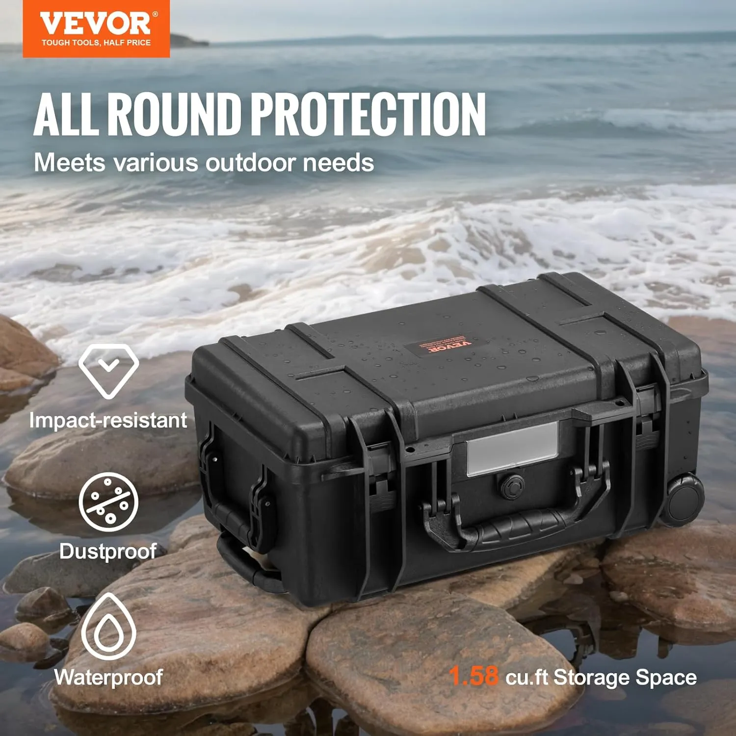 VEVOR Weatherproof Hard Case, Heavy Duty Protective Dry Box Case with Pre-Cut Foam, Wheels & Retractable Pull Handles for Travel, Hunt, Military, Tactical, IP67 Waterproof Case for Cameras (64x51x25)