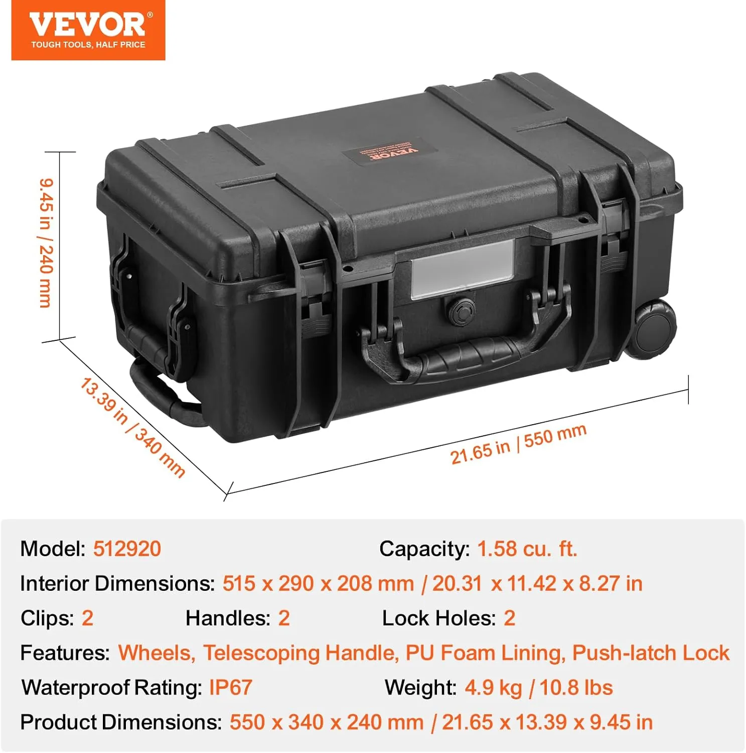 VEVOR Weatherproof Hard Case, Heavy Duty Protective Dry Box Case with Pre-Cut Foam, Wheels & Retractable Pull Handles for Travel, Hunt, Military, Tactical, IP67 Waterproof Case for Cameras (64x51x25)