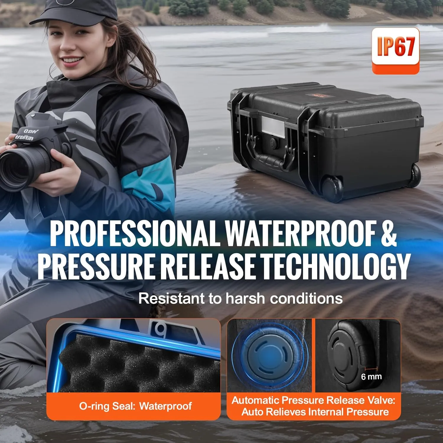 VEVOR Weatherproof Hard Case, Heavy Duty Protective Dry Box Case with Pre-Cut Foam, Wheels & Retractable Pull Handles for Travel, Hunt, Military, Tactical, IP67 Waterproof Case for Cameras (64x51x25)