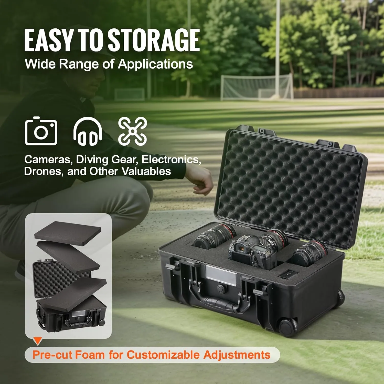 VEVOR Weatherproof Hard Case, Heavy Duty Protective Dry Box Case with Pre-Cut Foam, Wheels & Retractable Pull Handles for Travel, Hunt, Military, Tactical, IP67 Waterproof Case for Cameras (64x51x25)