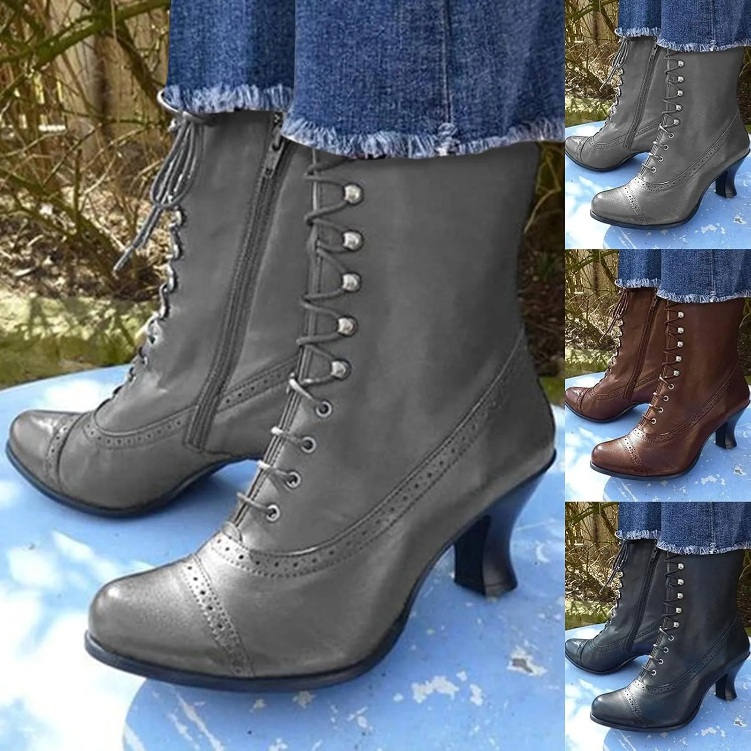 Victorian Boots - Women's Mid Calf Boots Lace up Wedding Bridal Boots Round Toe Chunky Heel Witch Boots Knight Boots for Ladies Vintage Leather Booties Slip On Renaissance Shoes
