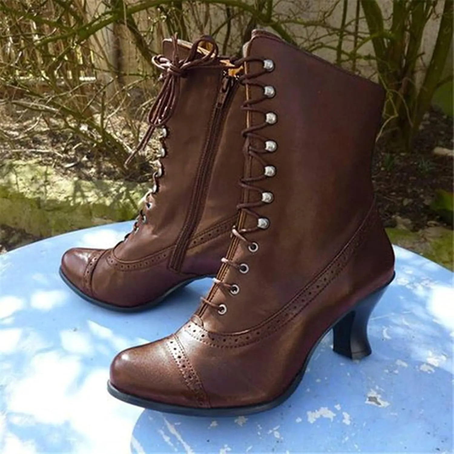 Victorian Boots - Women's Mid Calf Boots Lace up Wedding Bridal Boots Round Toe Chunky Heel Witch Boots Knight Boots for Ladies Vintage Leather Booties Slip On Renaissance Shoes