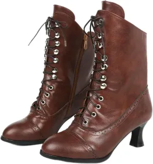 Victorian Boots - Women's Mid Calf Boots Lace up Wedding Bridal Boots Round Toe Chunky Heel Witch Boots Knight Boots for Ladies Vintage Leather Booties Slip On Renaissance Shoes