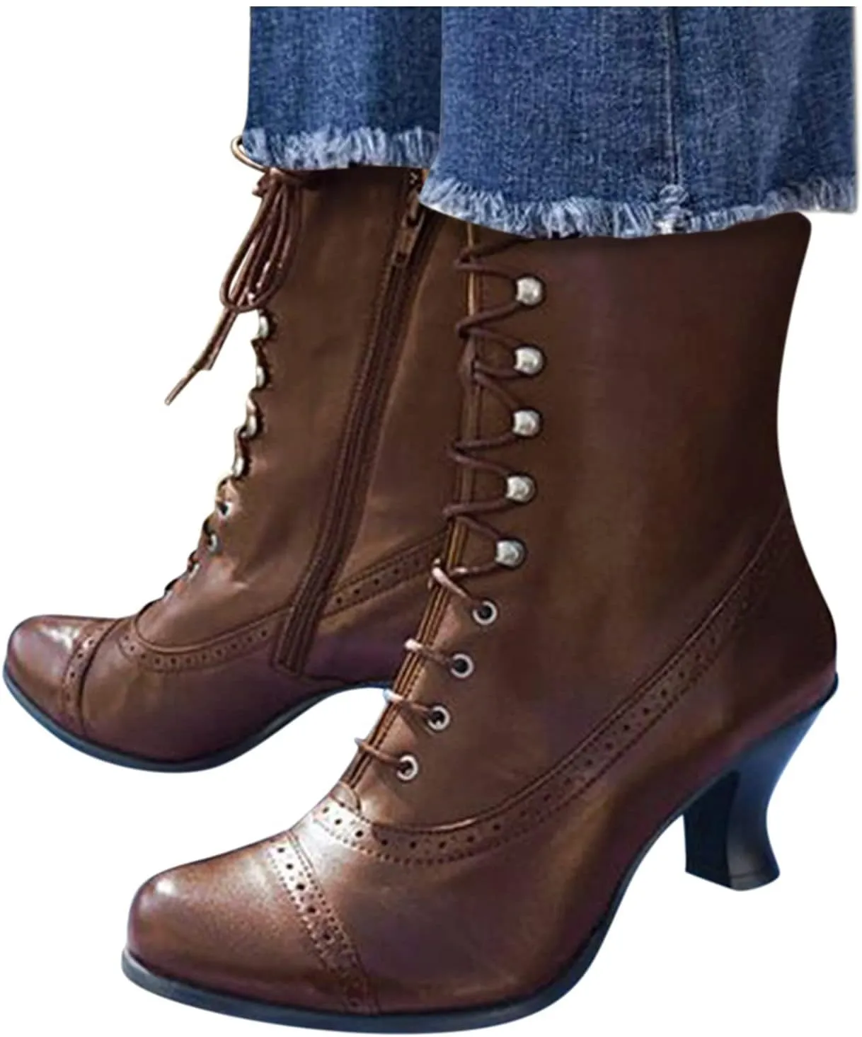 Victorian Boots - Women's Mid Calf Boots Lace up Wedding Bridal Boots Round Toe Chunky Heel Witch Boots Knight Boots for Ladies Vintage Leather Booties Slip On Renaissance Shoes
