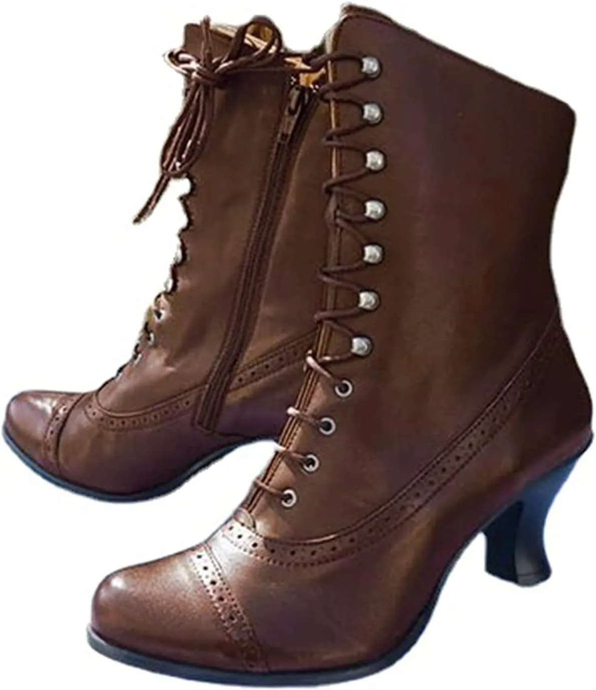 Victorian Boots - Women's Mid Calf Boots Lace up Wedding Bridal Boots Round Toe Chunky Heel Witch Boots Knight Boots for Ladies Vintage Leather Booties Slip On Renaissance Shoes