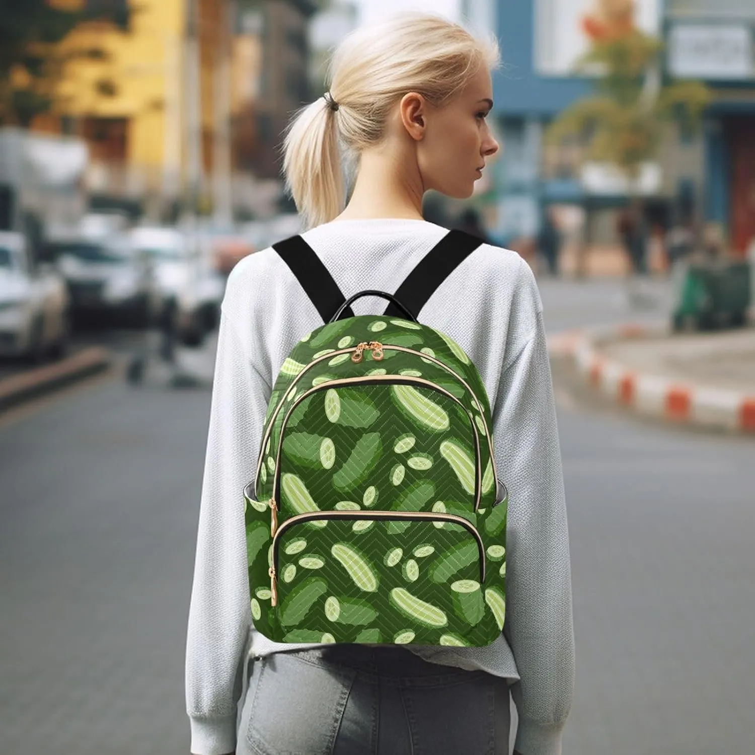 VIGTRO Women Fashion Backpack Quilted Mini Purse Green Cucumber Vegetables, Lightweight Travel Casual Shoulder Backpack with Adjustable Straps Size M