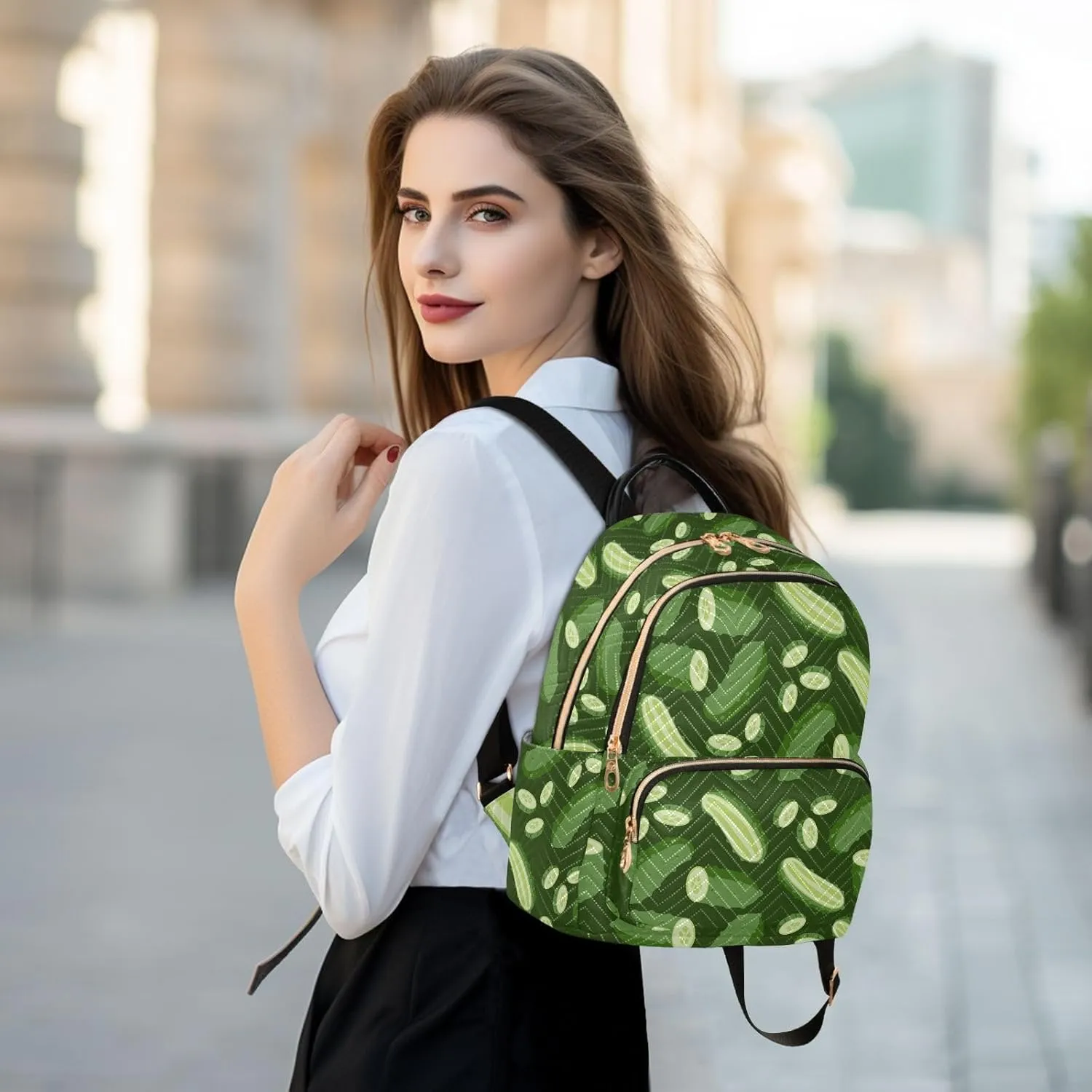 VIGTRO Women Fashion Backpack Quilted Mini Purse Green Cucumber Vegetables, Lightweight Travel Casual Shoulder Backpack with Adjustable Straps Size M