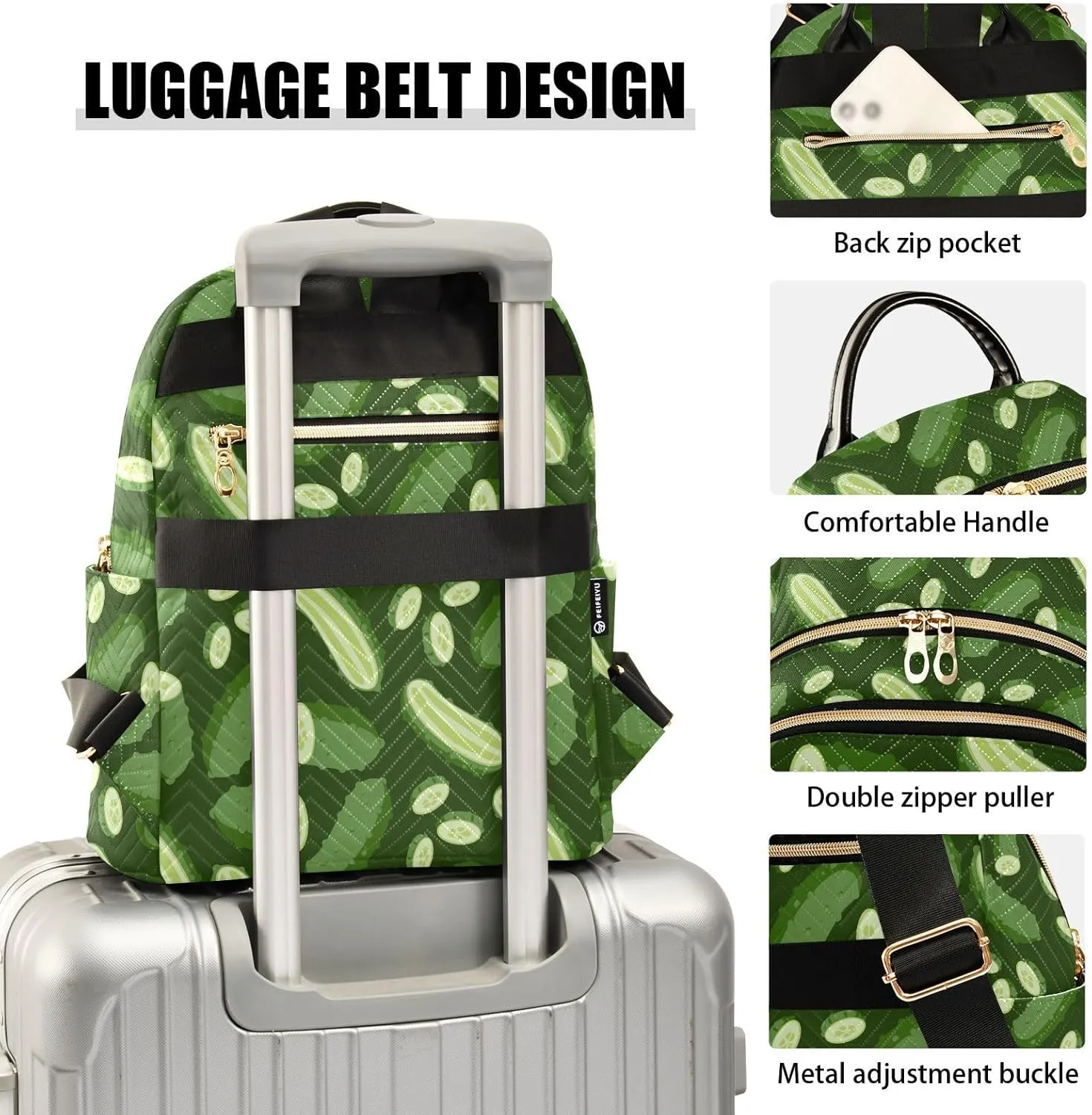 VIGTRO Women Fashion Backpack Quilted Mini Purse Green Cucumber Vegetables, Lightweight Travel Casual Shoulder Backpack with Adjustable Straps Size M