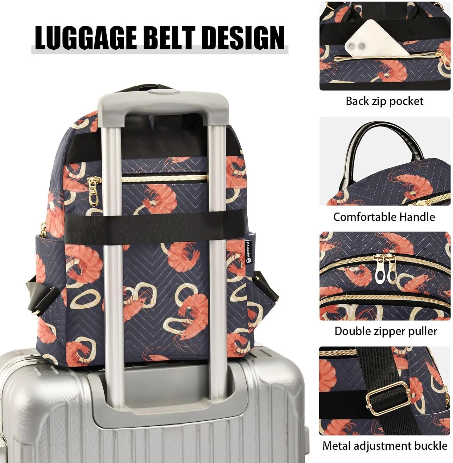 VIGTRO Women Fashion Backpack Quilted Mini Purse Shrimp Squid Ring Seafood, Lightweight Travel Casual Shoulder Backpack with Adjustable Straps Size M