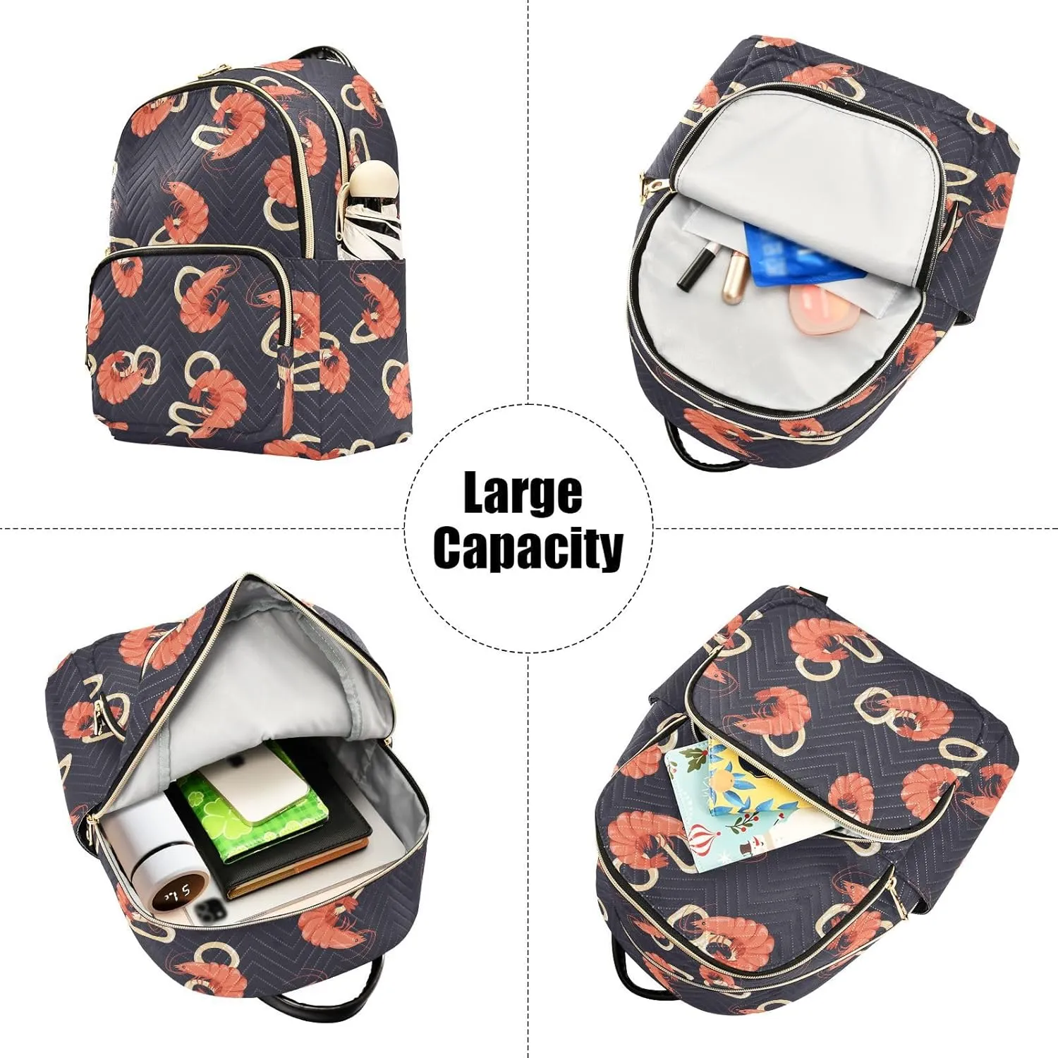 VIGTRO Women Fashion Backpack Quilted Mini Purse Shrimp Squid Ring Seafood, Lightweight Travel Casual Shoulder Backpack with Adjustable Straps Size M