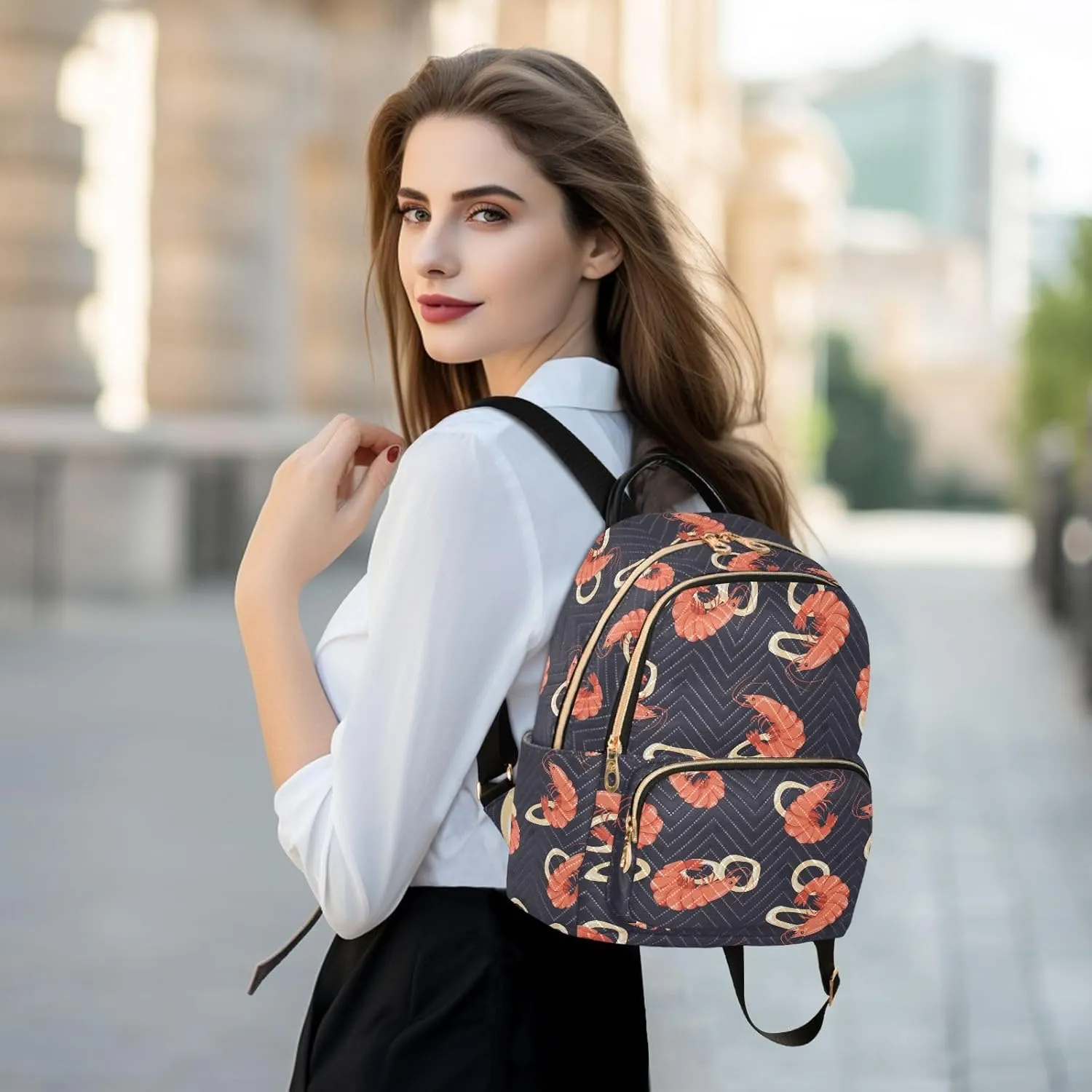 VIGTRO Women Fashion Backpack Quilted Mini Purse Shrimp Squid Ring Seafood, Lightweight Travel Casual Shoulder Backpack with Adjustable Straps Size M