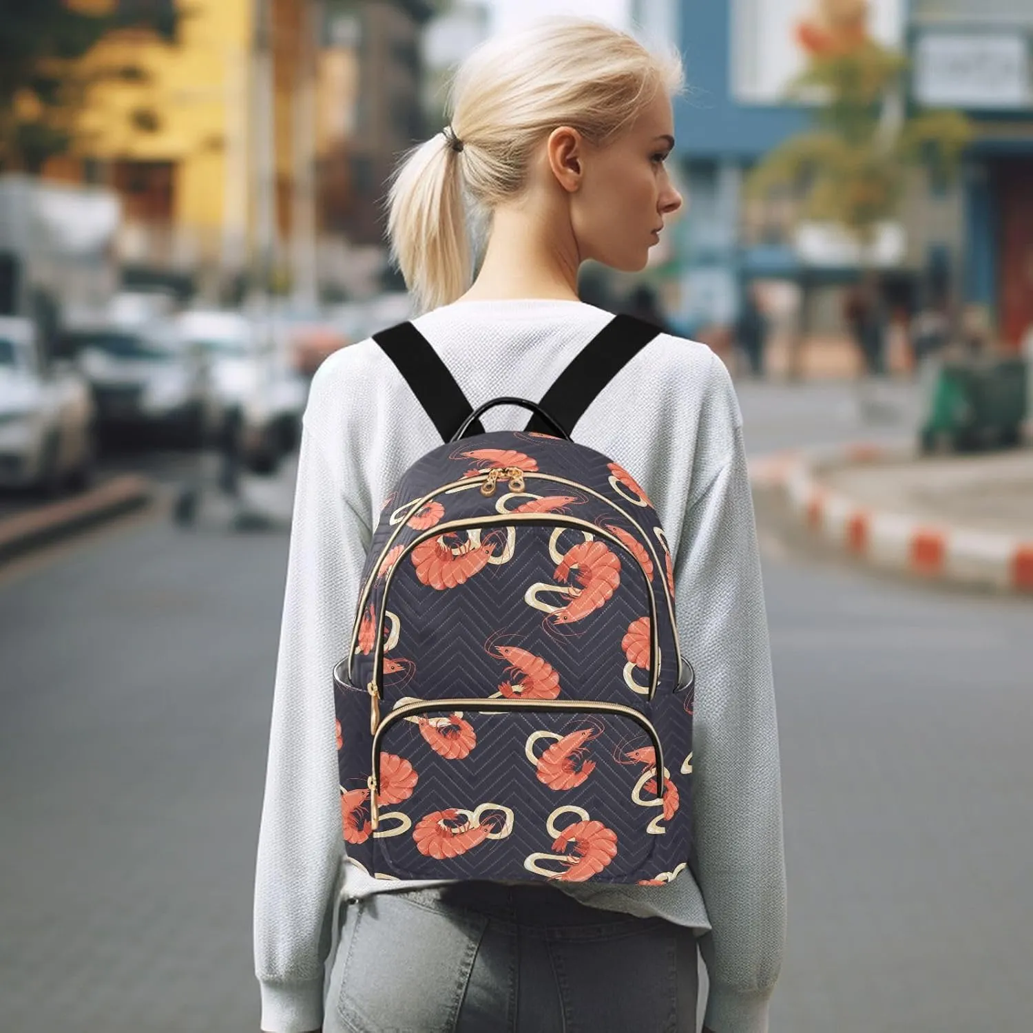 VIGTRO Women Fashion Backpack Quilted Mini Purse Shrimp Squid Ring Seafood, Lightweight Travel Casual Shoulder Backpack with Adjustable Straps Size M