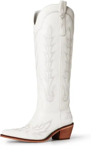vimitty Fashion Embroidered Western Cowboy Boots for Women Ankle High Western Mid Calf Chunky Heel Pointed Toe Country Boots
