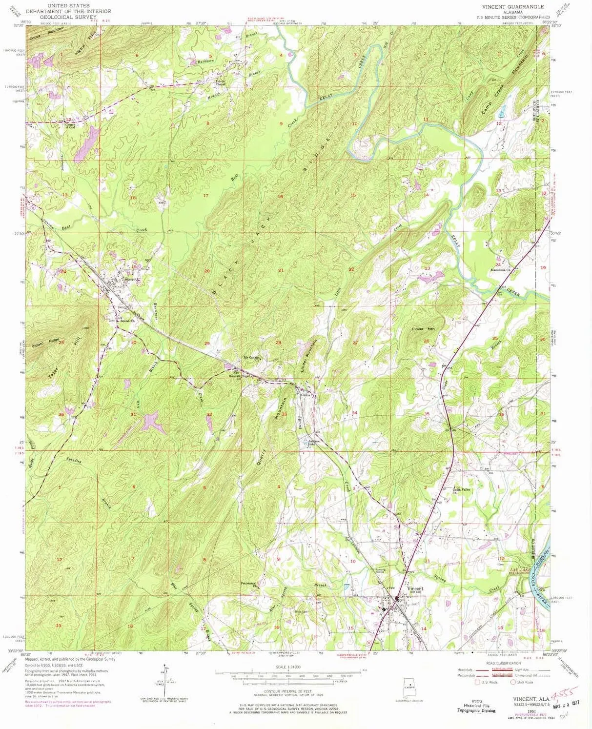 Vincent AL topo map, 1:24000 Scale, 7.5 X 7.5 Minute, Historical, 1951, Updated 1977, 26.6 x 21.9 in